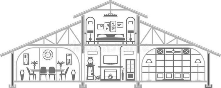 矢量图解未完工的房子阁楼建筑内部.