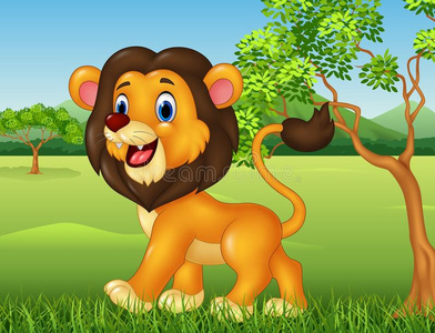 卡通有趣的狮子行走在丛林背景