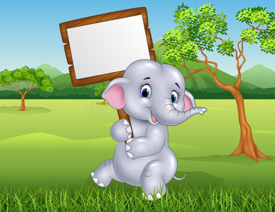可爱的大象在丛林里拿着空白的标志