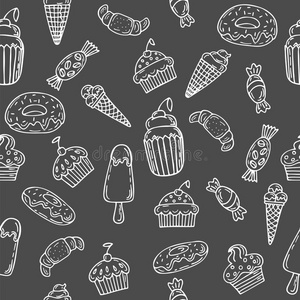 手绘无缝图案与纸杯蛋糕，糖果，面包店和德