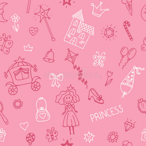 手绘无缝图案与公主女孩涂鸦设计元素。 粉红色背景的素描童话公主