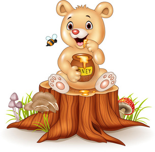 卡通有趣的小熊抱着蜜罐在树桩上