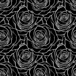 美丽的黑白无缝图案玫瑰。