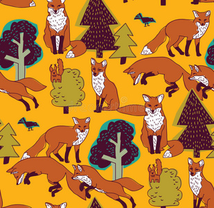 狐狸在森林颜色无缝自然图案。