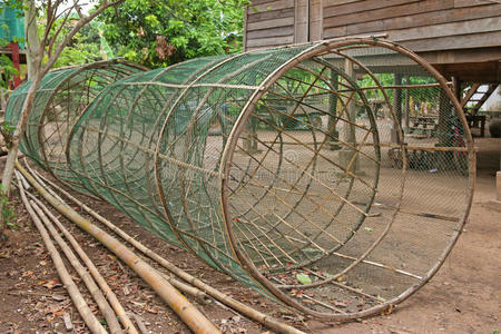 竹子 行业 鱼网 夏天 抓住 村庄 手工制作的 老挝 篮子