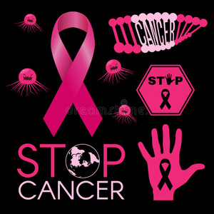 癌症病毒。 DNA癌症。 停止癌症世界。 停止癌症手征。 粉红色丝带。 在黑色背景矢量插图上