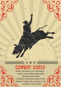 牛仔骑野牛。矢量西部海报背景
