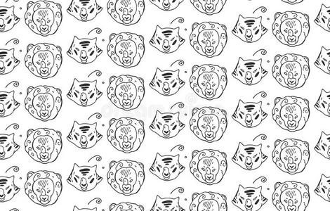 动物的头部绘制了捕食性野生猫动物老虎和狮子的无缝图案。手绘。黑白动物图案。