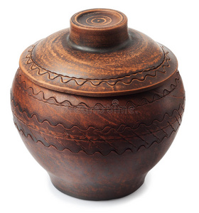 罐木桌上旧手工泥罐的特写照片布朗水罐微笑的女工人,蓝色围裙,在车间