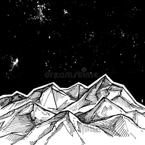 手绘矢量插图-山脉和星空. 素描风格. 你的设计模板照片