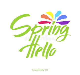 乐学毛笔字手写字母hello spring.白色背景上独立的毛笔字.手写插图.