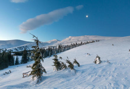 小山 喀尔巴阡山 天空 冻结 季节 月亮 早晨 天亮 冬天