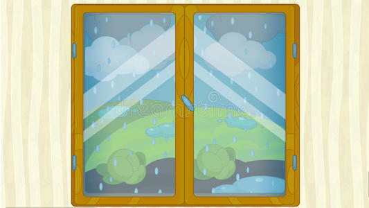 的深蓝色背景的恐怖场景卡通场景与天气在窗户下雨阴暗恐怖的科幻场景