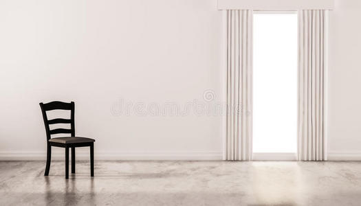 混凝土抛光地板上的椅子，白色墙壁和隔离窗，3D渲染