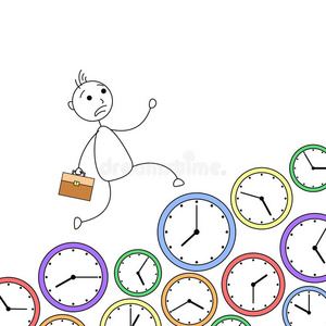 卡通棍子人匆忙地跑过时钟照片