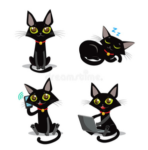 黑猫。 坐着的猫。 睡觉的猫。 猫和电话。 猫和智能手机。