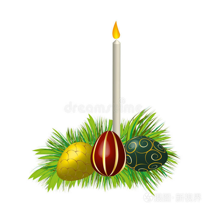 复活节鸡蛋和草地上的蜡烛