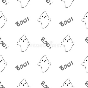 摘要面对鬼可爱的黑白卡通鬼无缝图案背景插图照片