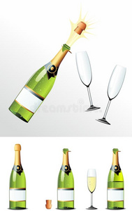 香槟瓶软木塞和眼镜