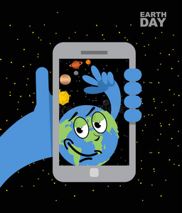 地球日。 地球自拍。 地球和手机。 行星e