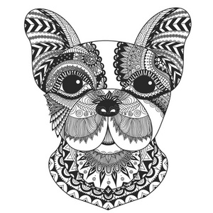 法国斗牛犬线艺术设计，为成人着色书，T恤设计和其他装饰