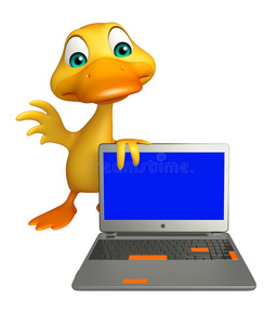 有趣的鸭子卡通人物与笔记本电脑