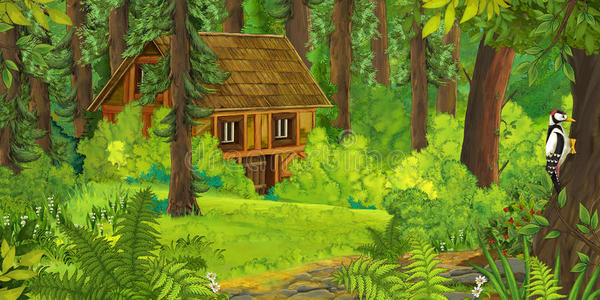 森林里老房子的卡通自然场景