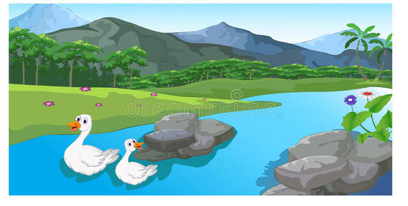 卡通城镇鸭子卡通河流经一个和平的城镇照片