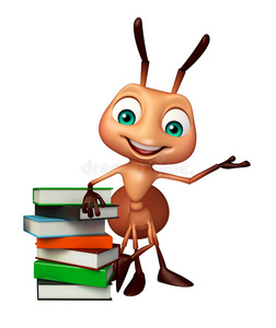 可爱的蚂蚁卡通人物与书堆