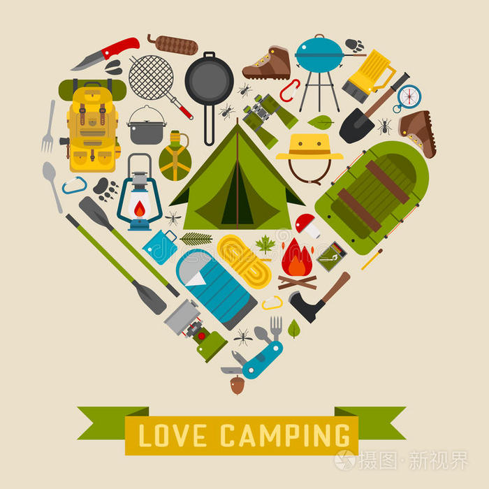 野营和徒步旅行喜欢露营的心的概念