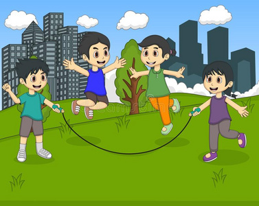 孩子们玩跳绳孩子们在公园的卡通里玩跳绳照片