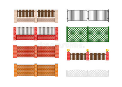砖栅栏和木栅栏. 篱笆周围的房屋矢量设计. 安全围栏. 砖墙栅栏.