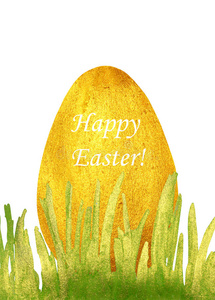手绘珍珠草和金色复活节彩蛋与文字快乐复活节