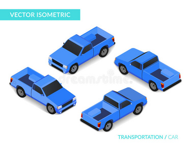 蓝色等距皮卡。 带有汽车的矢量插图