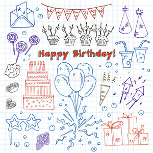 生日派对涂鸦元素背景。 邀请设计和包装产品的矢量插图。