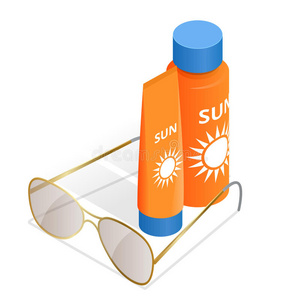 一瓶防晒霜和太阳镜。 在白色光泽背景上分离的太阳霜的管容器。 夏天，太阳
