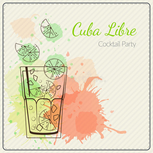 古巴利比。 手绘鸡尾酒矢量插图。 五颜六色的水彩背景