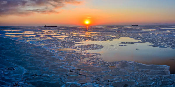 渤海 旅行 自然 寒冷的 冬天 瓷器 海湾 日落 形成 暮光