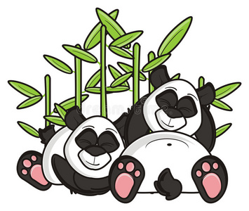 一对熊猫睡在竹子附近