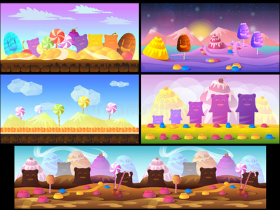 卡通童话景观。 游戏背景的糖果土地插图