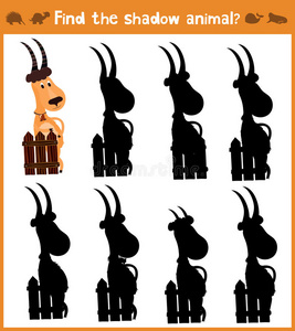 卡通插图的教育将找到适当的影子剪影动物山羊。 普雷克斯儿童匹配游戏