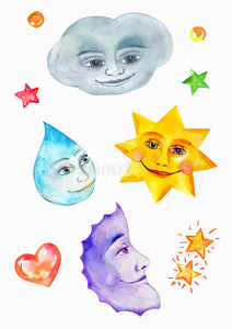 云，星星，雨滴和月亮，水彩画，带笑脸的天真绘画