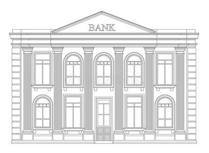 银行大楼轮廓图标隔离。 优雅的细线条风格的绘图设计。