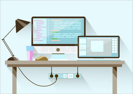 创造性的办公桌面工作区。 平面设计。