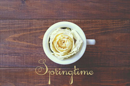 一杯咖啡和一朵白玫瑰，春天