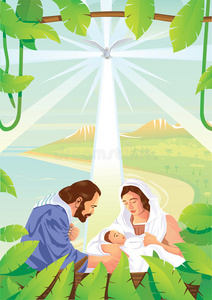 圣诞节基督教耶稣诞生现场与婴儿耶稣和天使