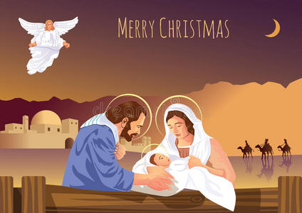 圣诞节基督教耶稣诞生现场与婴儿耶稣和天使照片