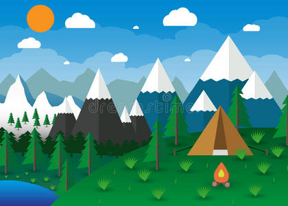 冒险 旅行 风景 营地 插图 房子 卡通 横幅 偶像 小山
