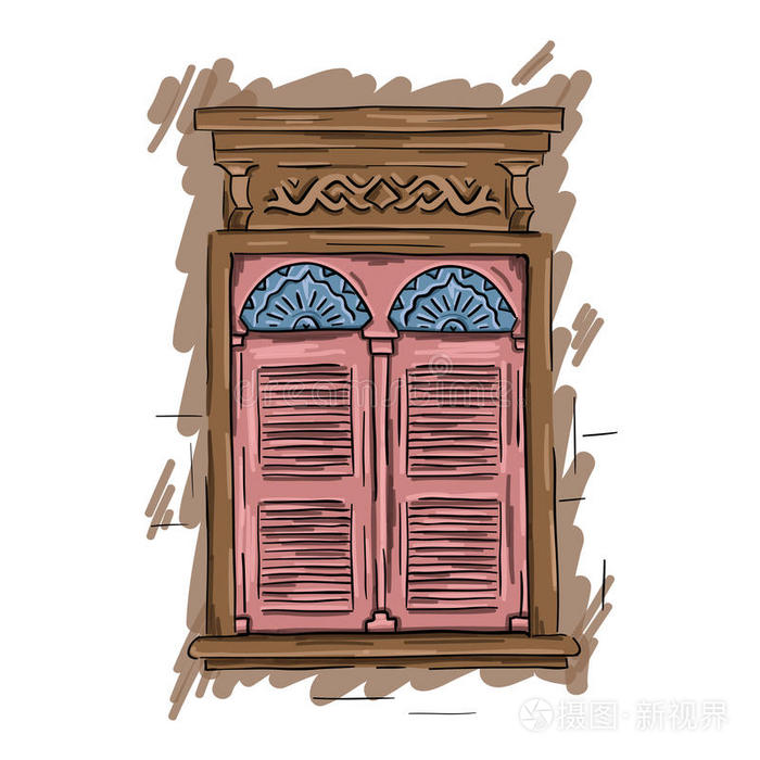 手绘粉红色的窗户. 老式艺术建筑百叶窗