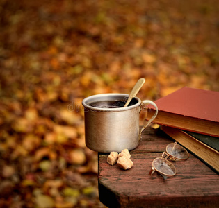 在秋天树叶背景上的桌子上的金属杯眼镜和旧书中的调味茶
